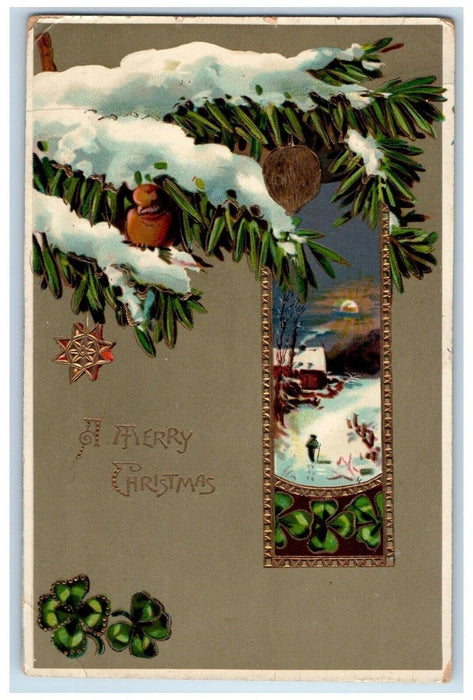 c1910's Christmas Pine Cone Decor Covered Snow Gel Gold Gilt Antique Postcard