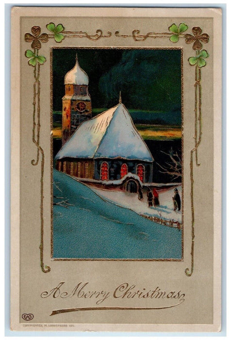 c1910's Christmas Shamrock Church House Eas Gel Gold Gilt Antique Postcard