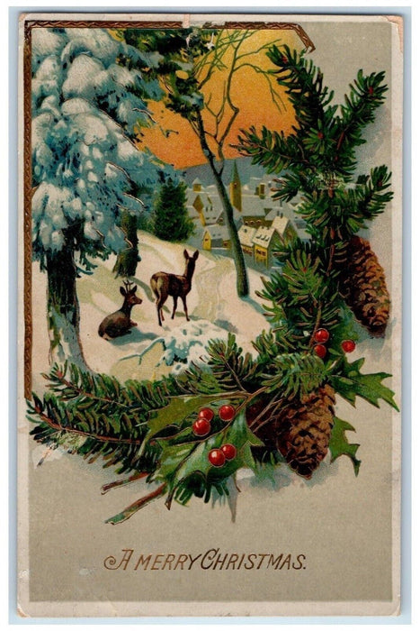 c1910's Christmas Pine Cone Holly  Deer Winter Snow Gel Gold Gilt Postcard
