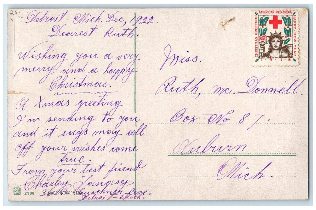 c1910's Christmas Pine Cone Holly  Deer Winter Snow Gel Gold Gilt Postcard