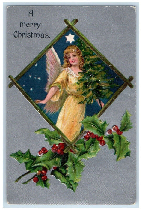 1910 Christmas Girl Angel Christmas Tree Star Holly Berries Antique Postcard