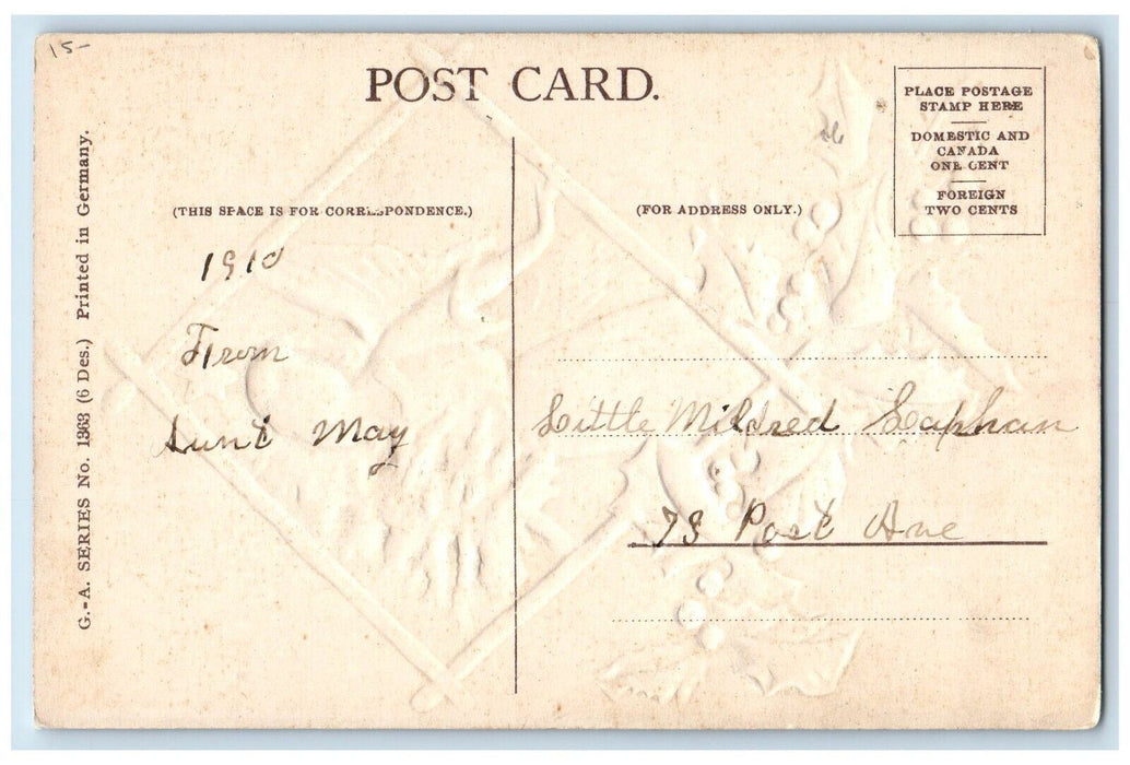 1910 Christmas Girl Angel Christmas Tree Star Holly Berries Antique Postcard