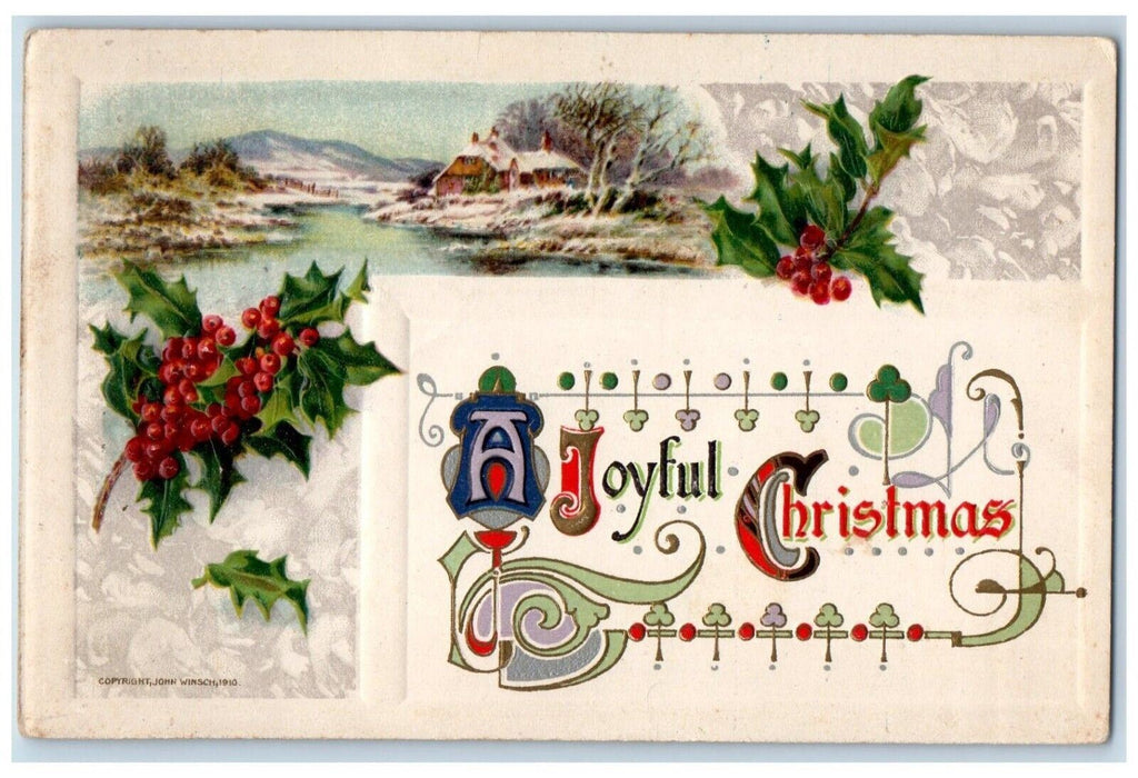 1910 Christmas Holly Hut River Winter Snow John Winsch Artist Signed Postcard
