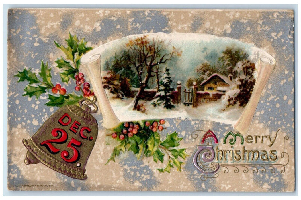 1910 Christmas Holly Bell Dec. 25 Winter Snow John Winsch Artist Signed Postcard