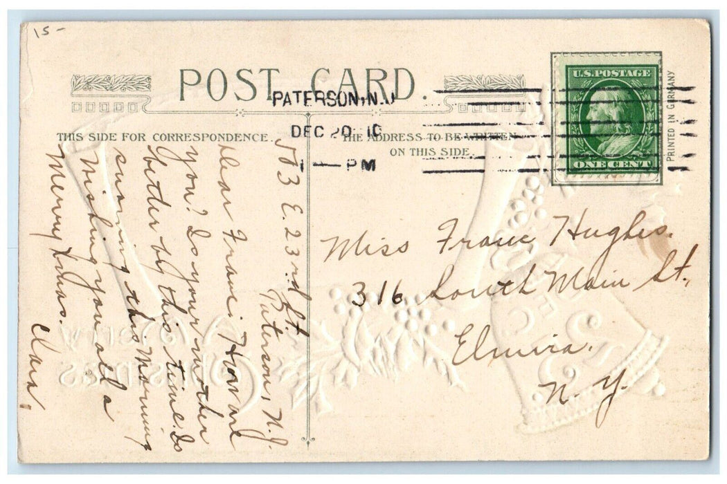 1910 Christmas Holly Bell Dec. 25 Winter Snow John Winsch Artist Signed Postcard