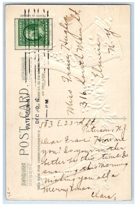 1910 Christmas Holly Bell Dec. 25 Winter Snow John Winsch Artist Signed Postcard