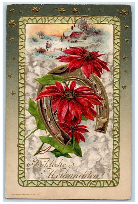 Christmas Pointessia Flowers Horseshoe John Winsch Artist Signed Postcard