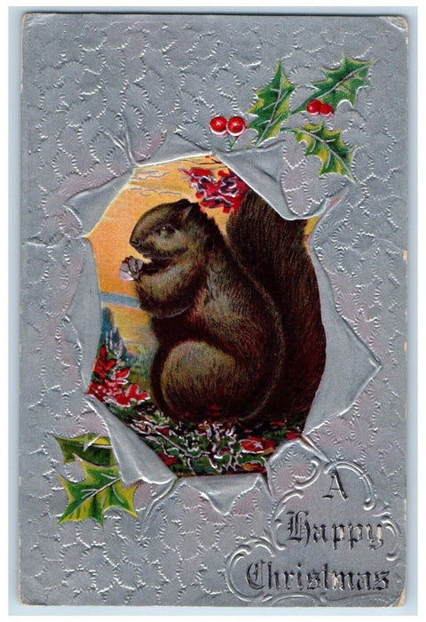 1909 Christmas Squirrel Holly Embossed Glenmont Ohio OH Posted Antique Postcard