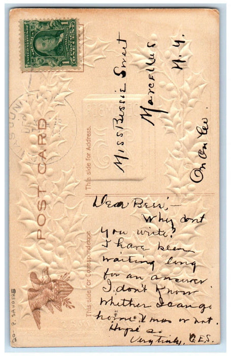 c1910's Christmas Holly December 25 Airbrushed Embossed P. Sanders Postcard