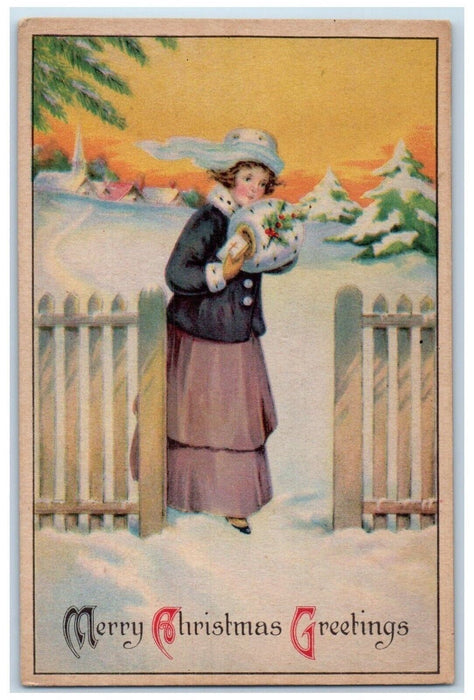 c1910's Christmas Greetings Girl Warmer Winter Snow Pine Tree Antique Postcard