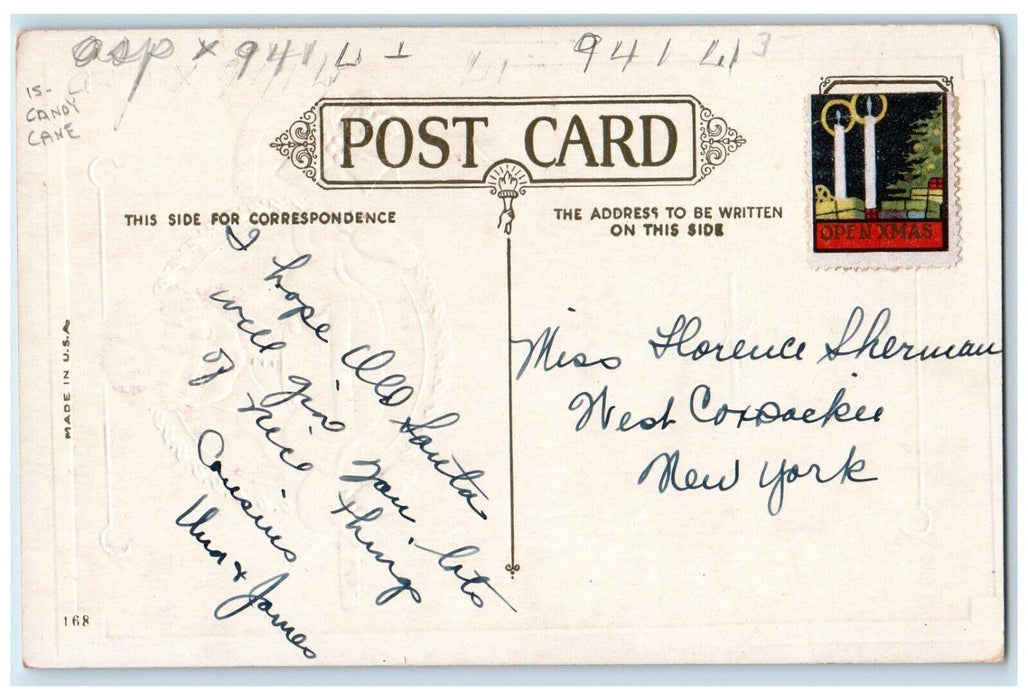 c1910's Christmas Boy Candy Cane Present Holly Blue Ribbon Embossed Postcard