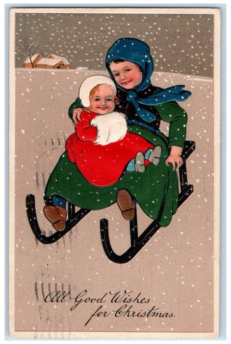 1908 Christmas Wishes Mother And Daughter Sled Snow Winter Embossed Postcard