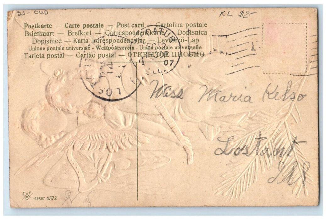 1907 Christmas Two Angels Playing Oud Pine Embossed Posted Antique Postcard