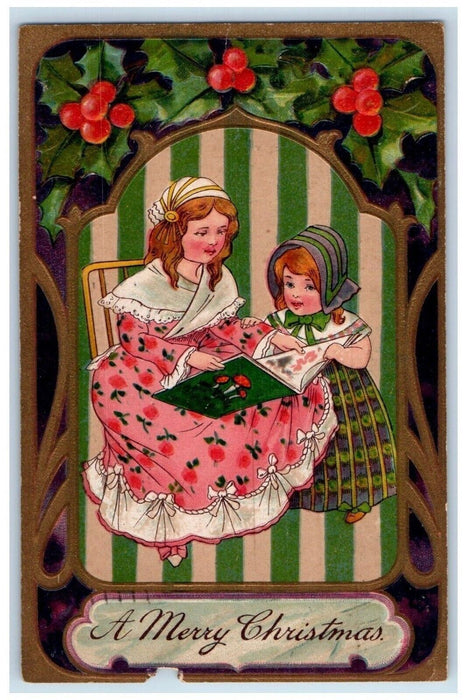 1910 Christmas Mother And Daughter Reading Book Holly Embossed Antique Postcard