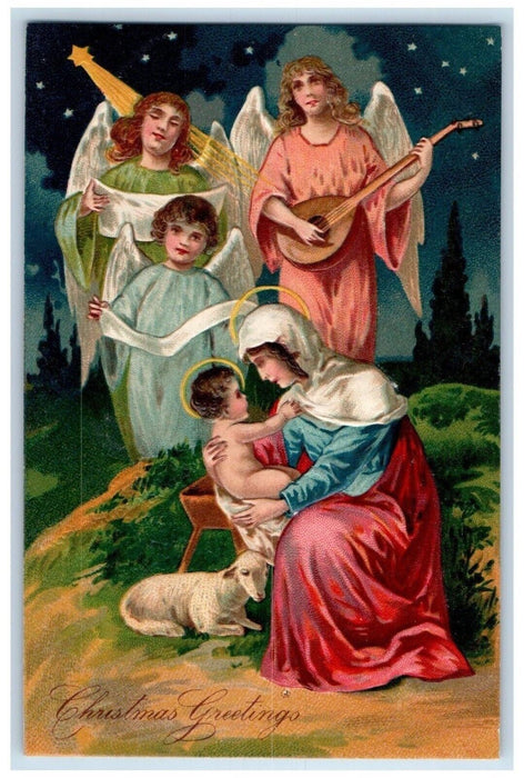 c1910's Christmas Greetings Religious Jesus Angel Embossed Antique Postcard