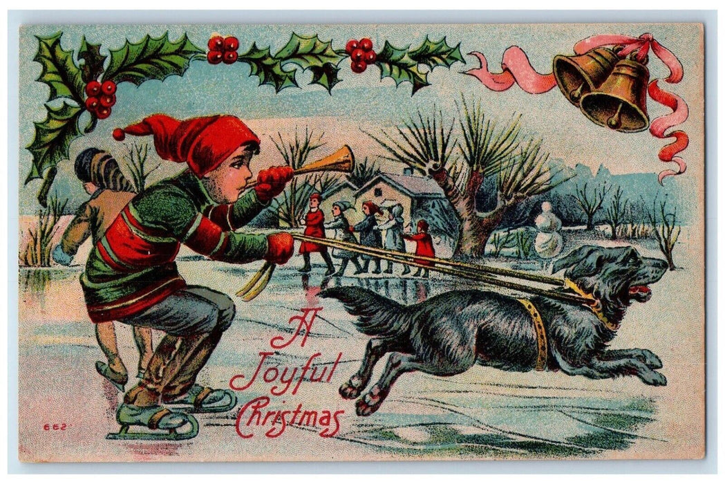 c1910's Christmas Dog Flute Dog Ice Skating Bells Holly Berries Winter Postcard