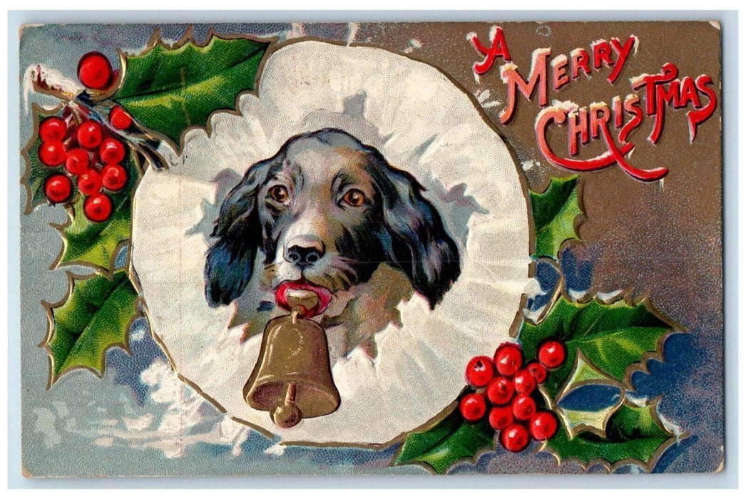 1911 Christmas Dog Head Bell Holly Berries Winter Snow Embossed Antique Postcard