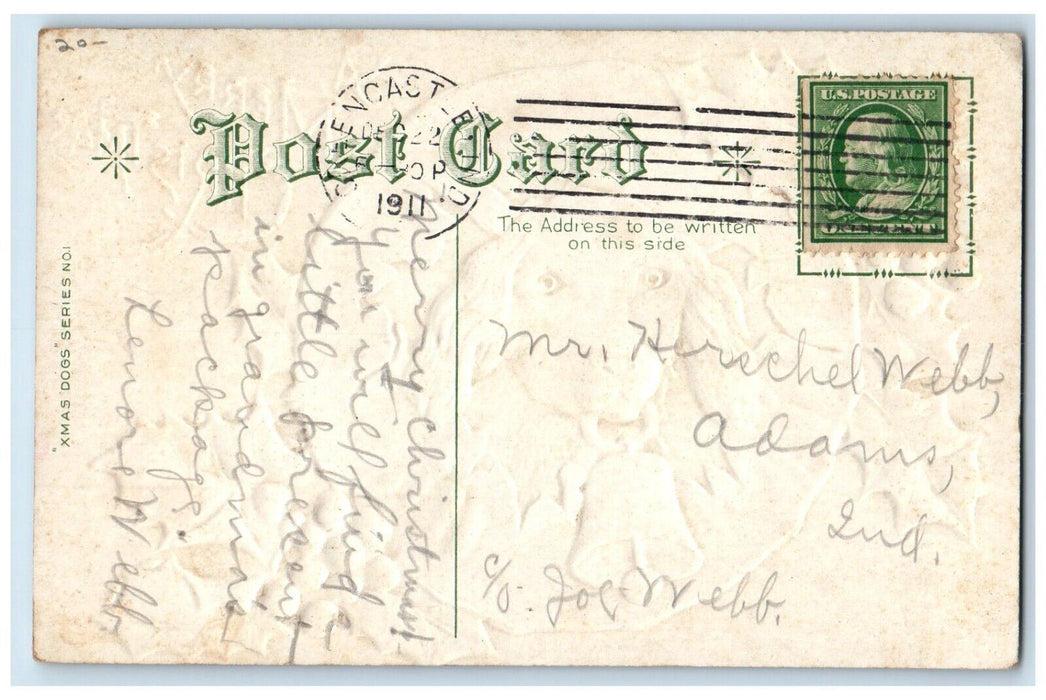 1911 Christmas Dog Head Bell Holly Berries Winter Snow Embossed Antique Postcard