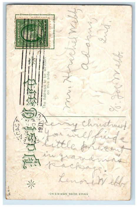 1911 Christmas Dog Head Bell Holly Berries Winter Snow Embossed Antique Postcard
