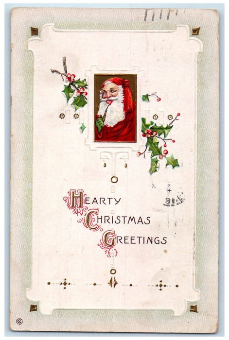 1919 Christmas Greetings Santa Holly Berries Embossed Posted Antique Postcard