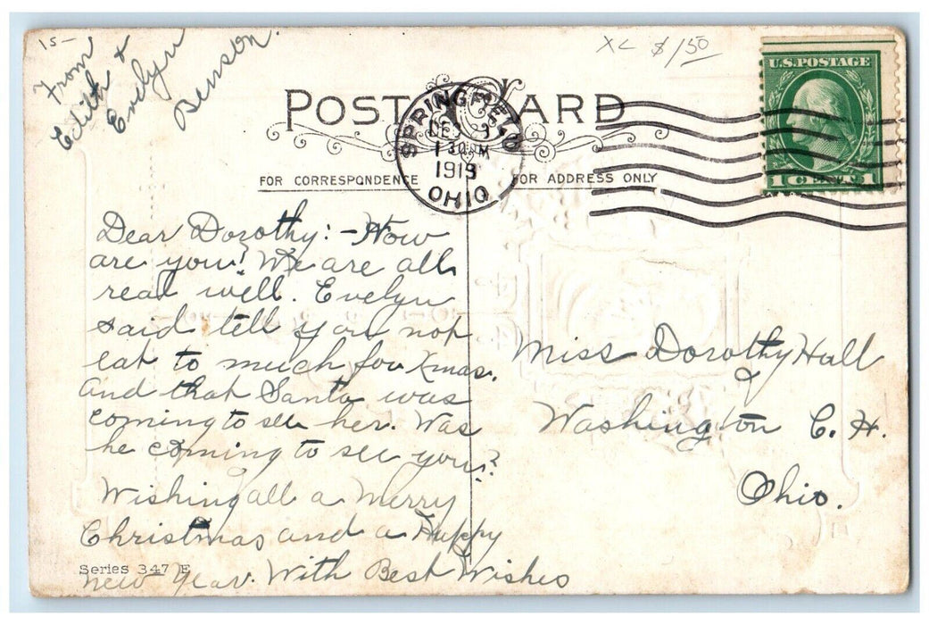1919 Christmas Greetings Santa Holly Berries Embossed Posted Antique Postcard
