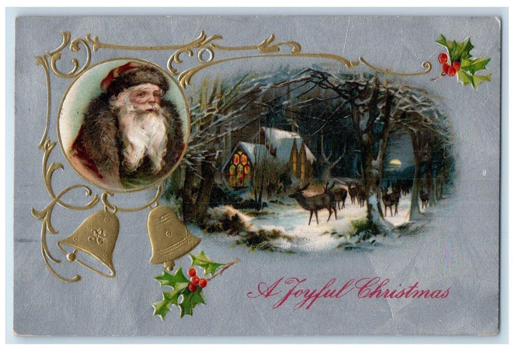 1910 Christmas Santa Bells Deer Holly Winsch Back Embossed Antique Postcard