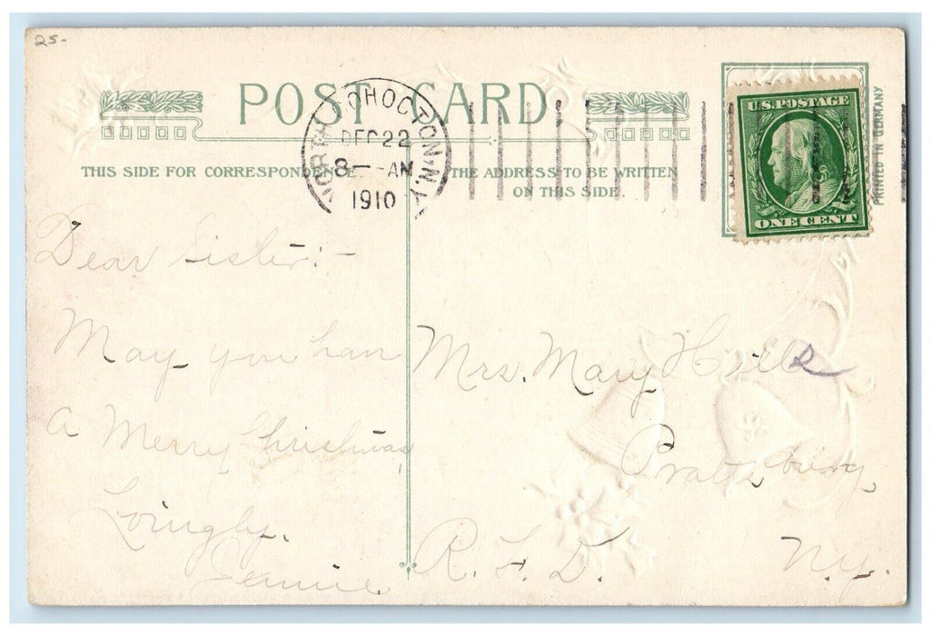 1910 Christmas Santa Bells Deer Holly Winsch Back Embossed Antique Postcard