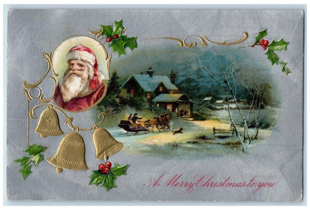 c1910's Christmas Santa Claus Head Bells Horse Sled Holly Winsch Back Postcard
