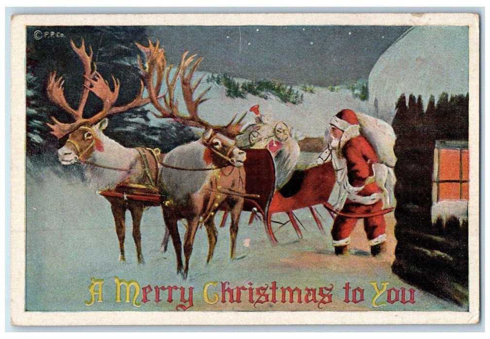 1916 Christmas Santa Claus Reindeer Winter Snow Napoleon Ohio OH Postcard