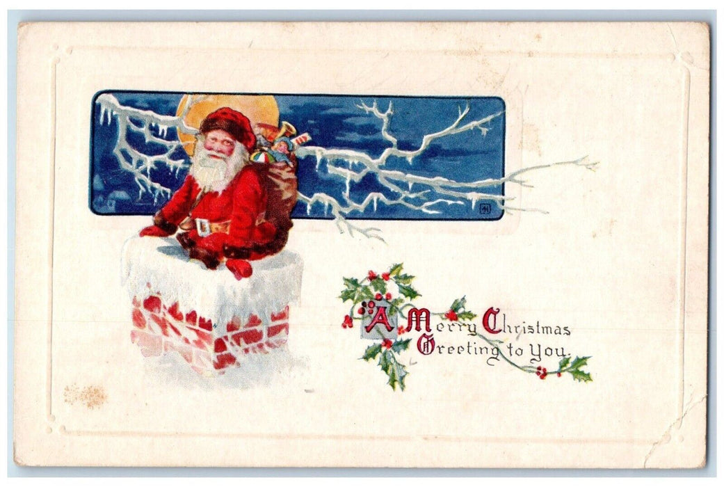 1923 Christmas Greeting Santa Claus Socks Of Toys Holly Berries Vintage Postcard