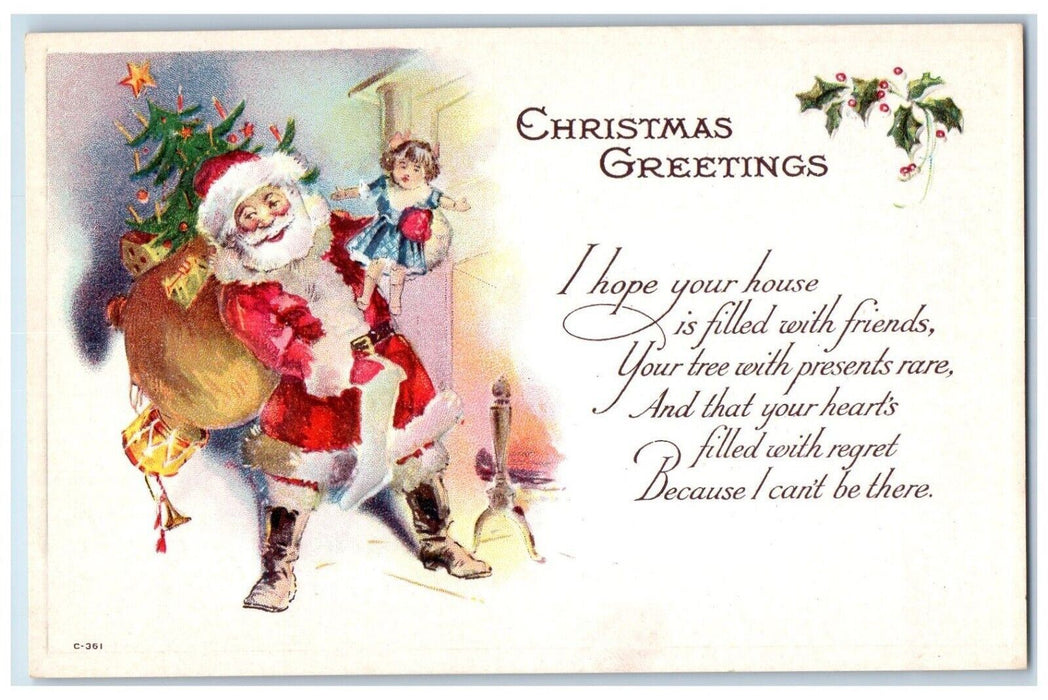 c1910's Christmas Greetings Santa Claus Toys Doll Sending Gift Embossed Postcard