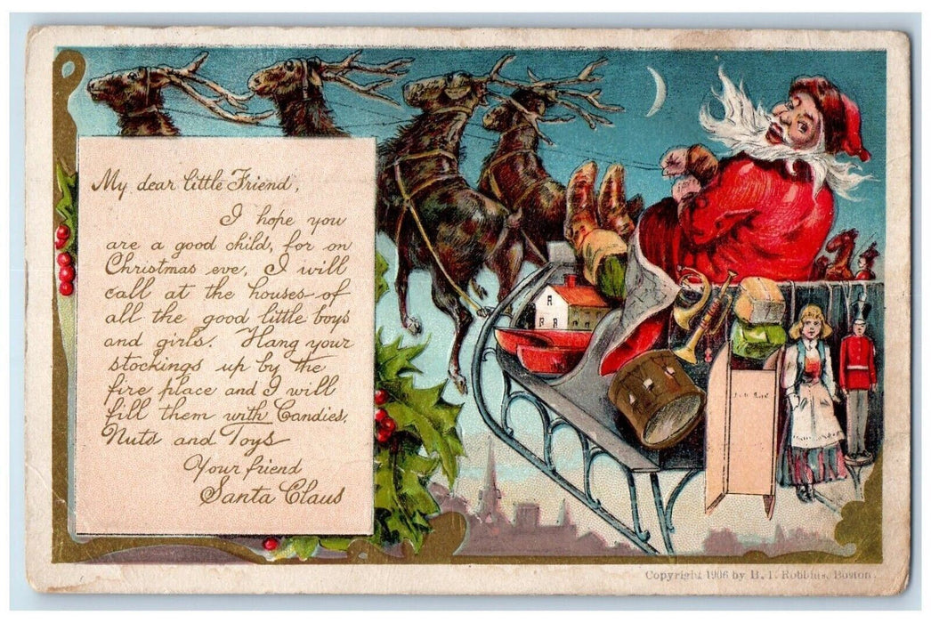 1907 Christmas Santa Claus Reindeers With Toys Embossed Antique Postcard