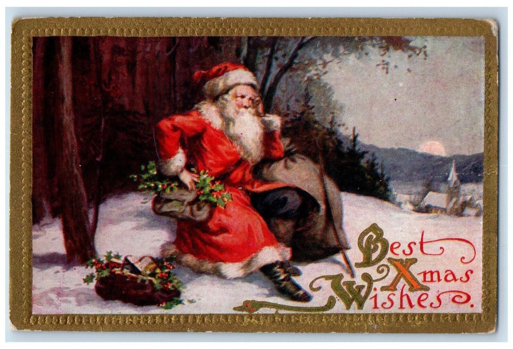 c1910's Christmas Santa Claus With Toys Holly Embossed Unposted Antique Postcard
