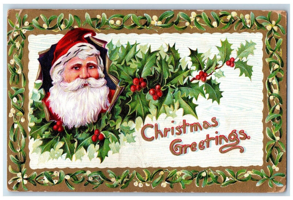 c1910's Christmas Santa Claus Head Holly Berries Embossed Antique Postcard