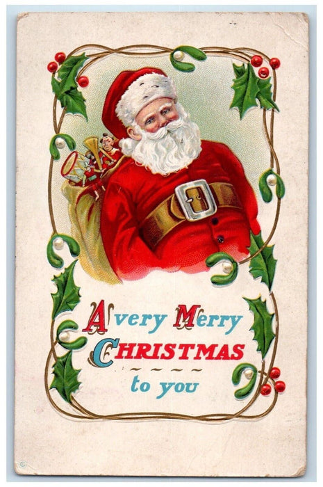 c1910's Christmas Santa Claus Socks Of Toys Holly Berries Embossed Postcard