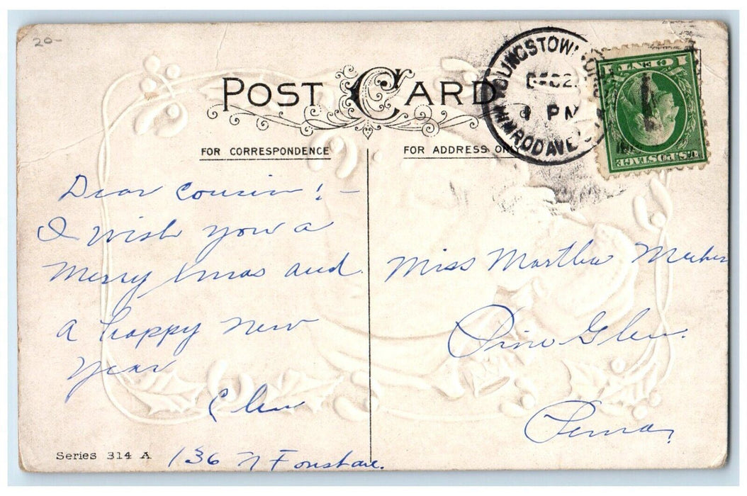 c1910's Christmas Santa Claus Socks Of Toys Holly Berries Embossed Postcard