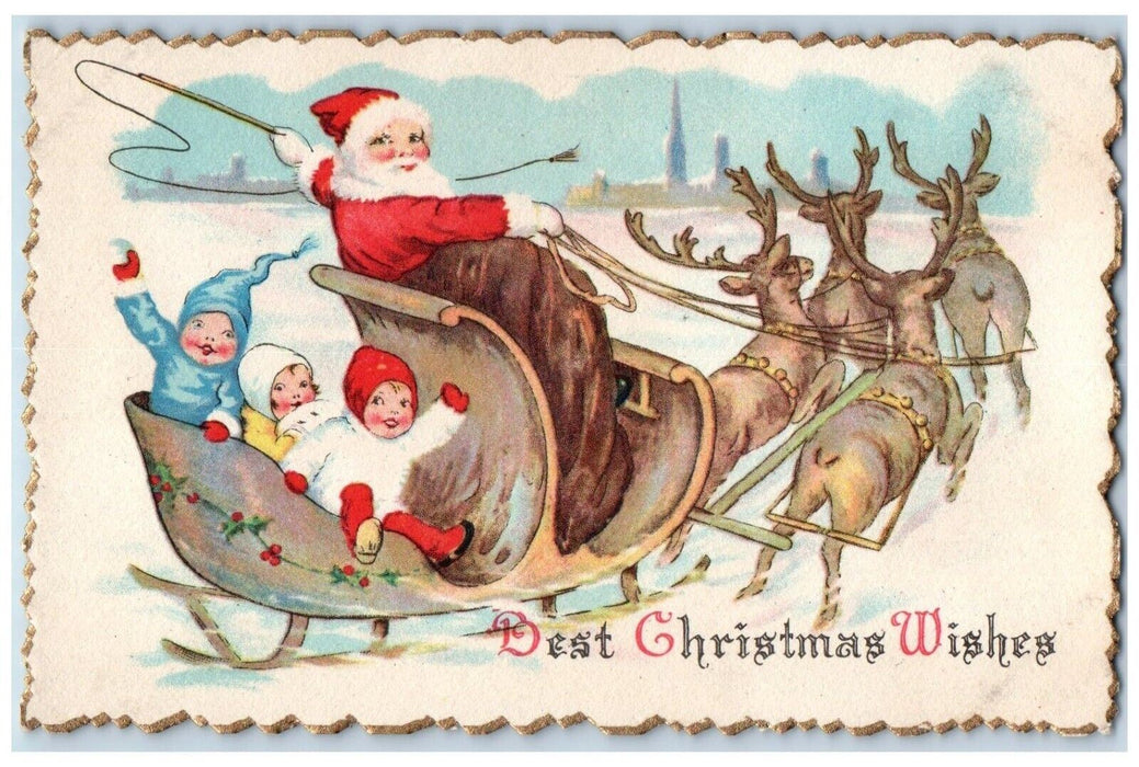 c1910's Christmas Santa Claus Reindeers Sled With Childrens Winter Snow Postcard