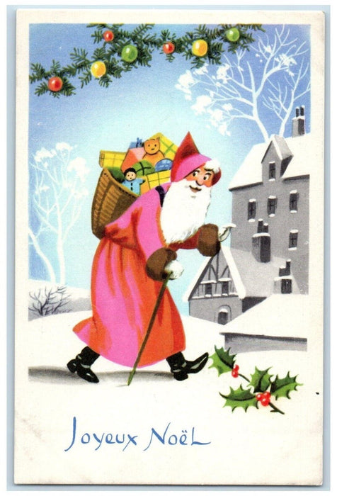 Christmas Santa Claus Joyeux Noel Basket Of Toys Ball Decor Francie Postcard