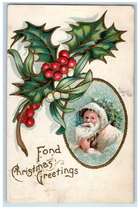 1908 Christmas Greetings Santa Snow Winter Holly Berries Embossed Postcard