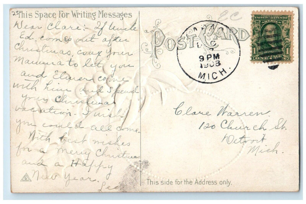 1908 Christmas Greetings Santa Snow Winter Holly Berries Embossed Postcard