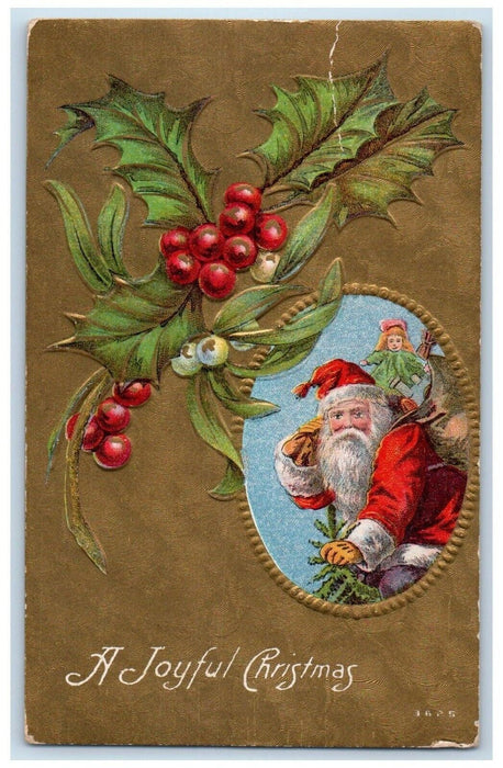 1909 Christmas Santa Claus With Toys Holly Berries Embossed Antique Postcard
