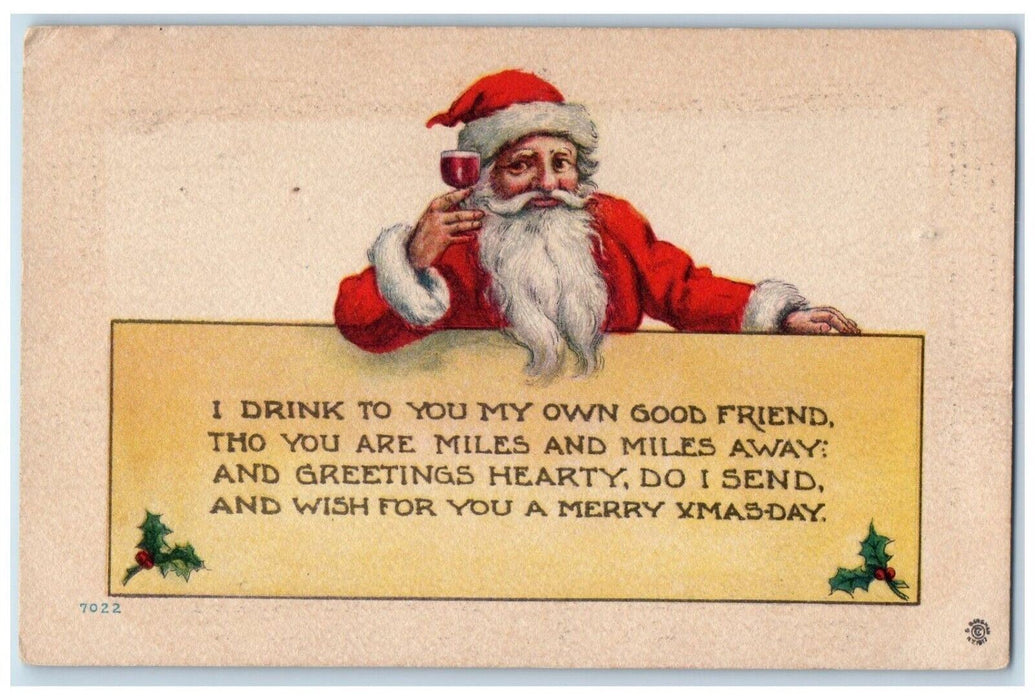 c1910's Christmas Greetings Santa Claus Wine Glass Holly Posted Antique Postcard