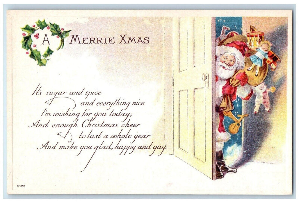 c1910's Christmas Santa Claus Giving Gifts Toys Holly Embossed Antique Postcard