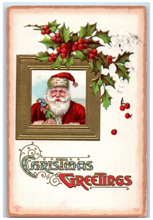 c1910's Christmas Santa Claus In Frame Holly Embossed Posted Antique Postcard