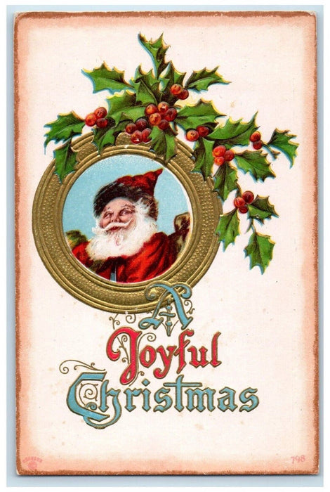 c1910's Christmas Santa Claus Head Holly Embossed Unposted Antique Postcard