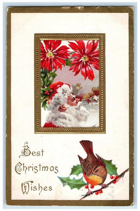 1911 Christmas Santa Claus Poinsettia Flowers Bird Embossed Winsch Back Postcard