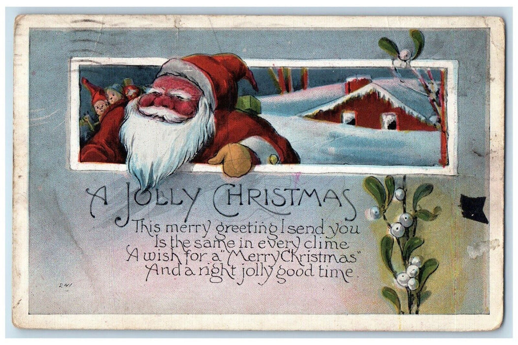 1921 Christmas Greetings Santa Claus And Toys Winter Snow House Vintage Postcard