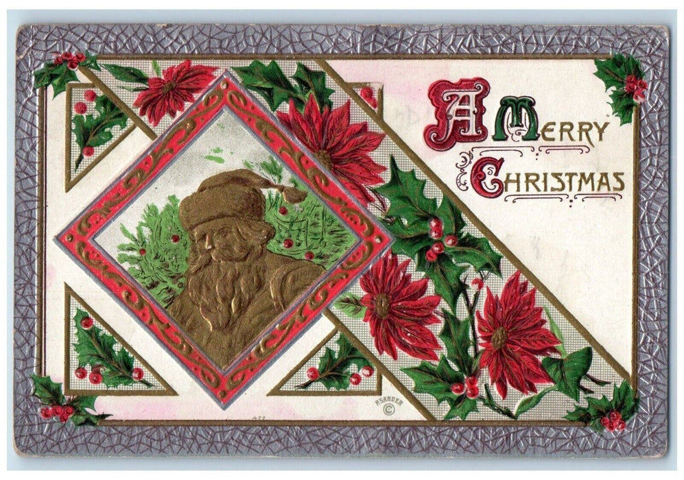 1910 Christmas Poinsettia Flowers Holly Santa Claus Embossed Antique Postcard