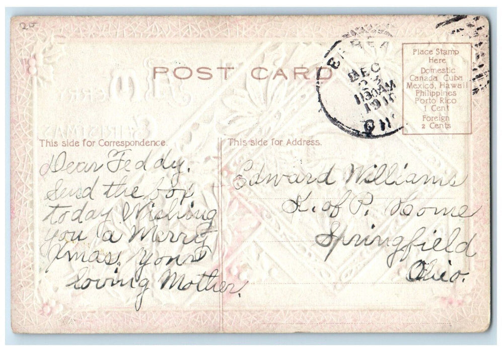 1910 Christmas Poinsettia Flowers Holly Santa Claus Embossed Antique Postcard