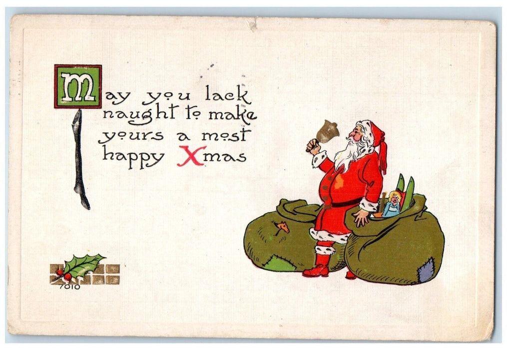 1913 Christmas Santa Claus And His Sack Of Toys Bell Embossed Antique Postcard